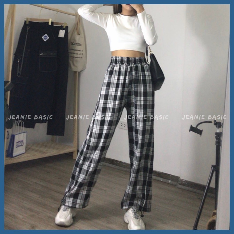 Quần KẺ CARO ống rộng hack dáng dài cạp cao ulzzang mặc 2 kiểu Quần jogger kẻ unisex