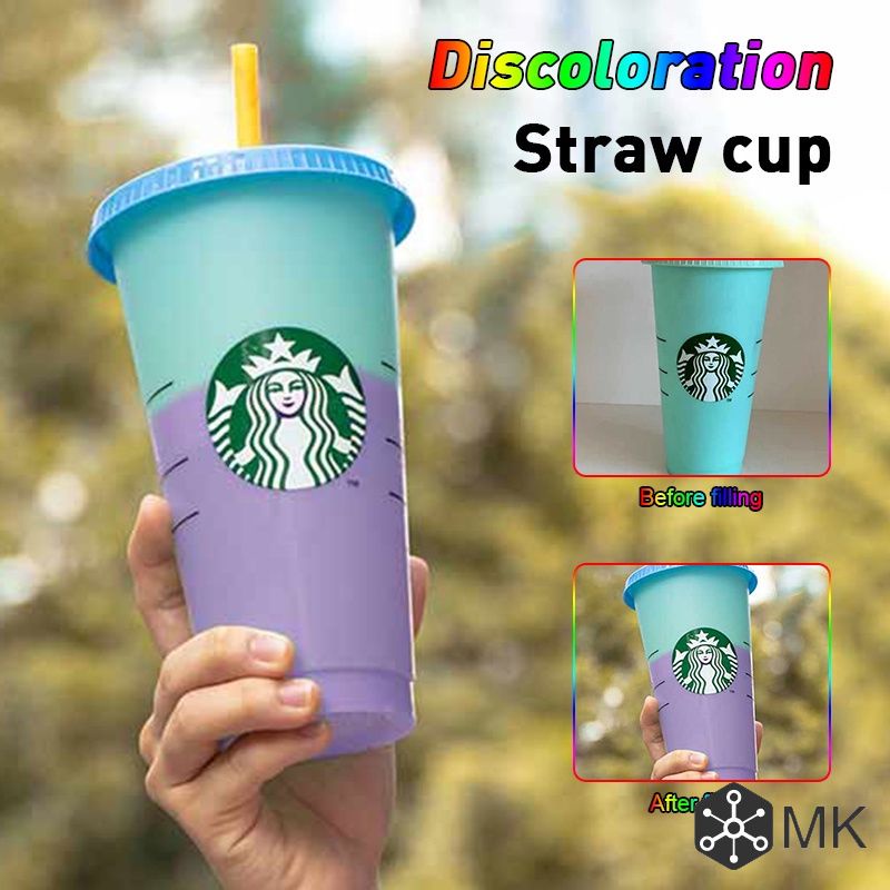 Cốc Nhựa Uống Nước Starbucks Đổi Màu 24hrs Có Nắp Đậy Tái Sử Dụng Được