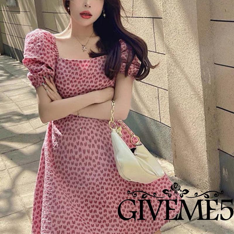 Đầm chữ A ngắn tay cổ vuông in hình thời trang sành điệu cho nữ