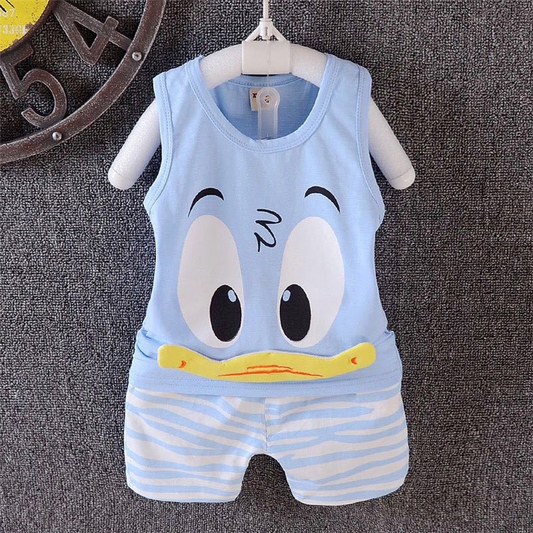 Bộ Quần Aó Bé Trai Mùa Hè Áo Không Tay Hình Con Vịt + Quần Sọc kẻ