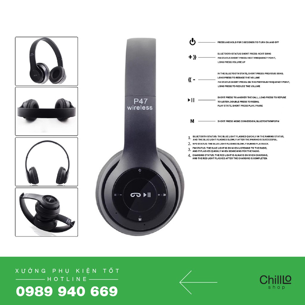 Tai Nghe Chụp Tai Bluetooth P47, Tai nghe Bluetooth Headphone P47 Không Dây Cao Cấp Hỗ Trợ Cắm Thẻ Nhớ, Có Mic Đàm Thoại