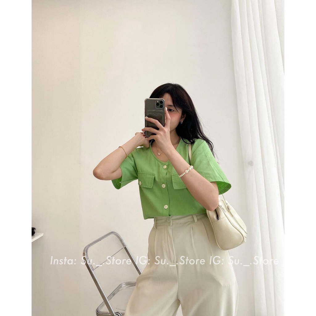 Áo sơ mi thô trơn 2 túi trước cổ tròn A2283 SUSTORE