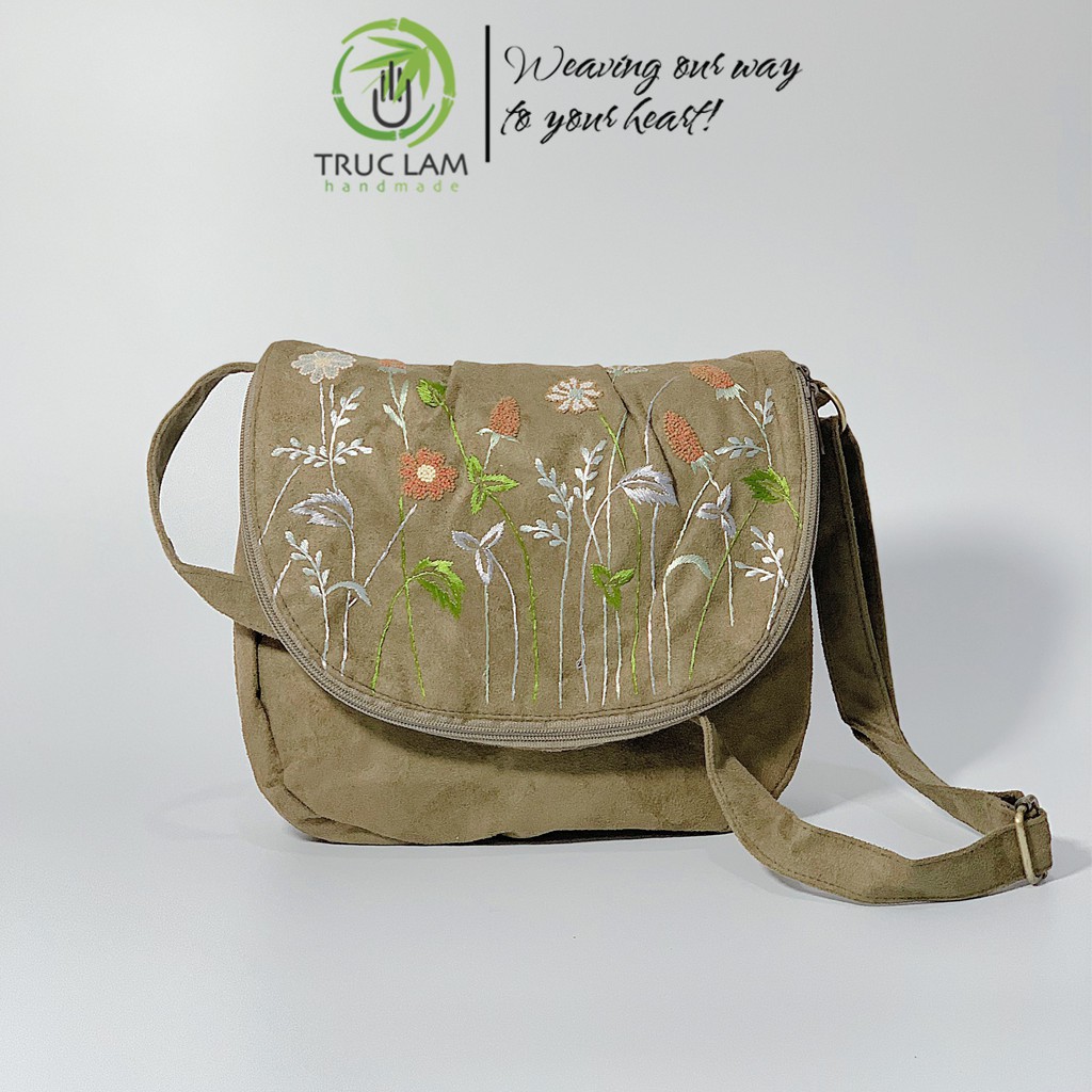 Túi Đeo Chéo Thời Trang Nữ Vải Da Lộn Thêu Tay Họa Tiết Cành Hoa (D) - Trúc Lâm Handmade