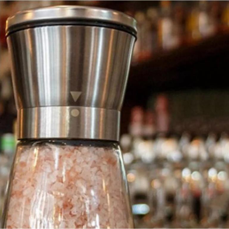 Lọ xay hạt tiêu. Bình xay hạt tiêu. Kích thước 13,5 x 6,5cm. Dung tích 150ml. Thủy tinh, INOX.