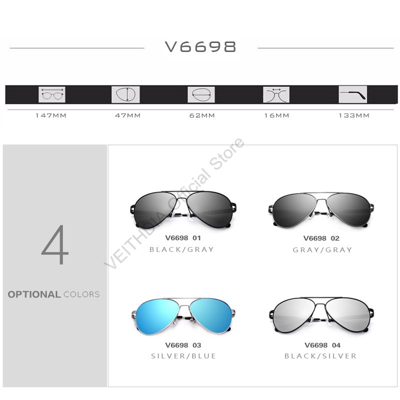 Kính mát VEITHDIA 6698 phong cách phi công thời trang dành cho nam và nữ