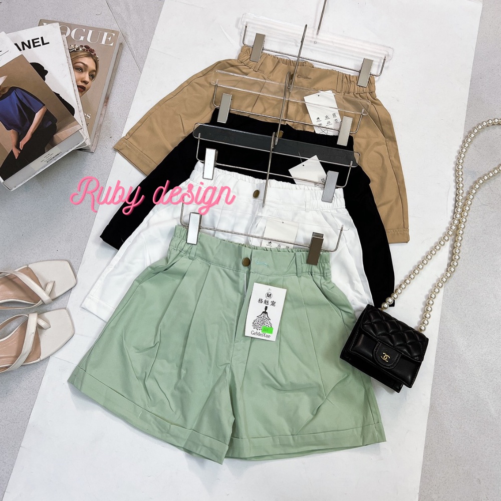 Quần short vải nữ quần nữ lưng cao ống rộng gập gấu chun eo màu đen màu trắng chất thô mềm phong cách hàn quốc đi chơi