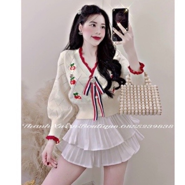 Áo cardigan len cherry tay bồng cổ tim bèo kèm tag nơ cao cấp L1 hv mh