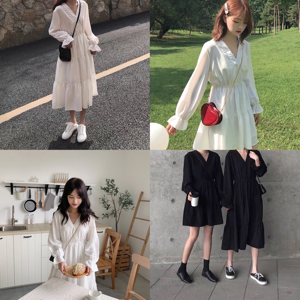 Váy babydoll nữ dáng dài ngắn trắng đen đôi bạn thân E2 thời trang nữ emmei | BigBuy360 - bigbuy360.vn