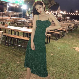 Đầm Hai Dây Lưng Cao Họa Tiết Chấm Bi Màu Xanh Lá Phong Cách Retro Pháp Cho Nữ