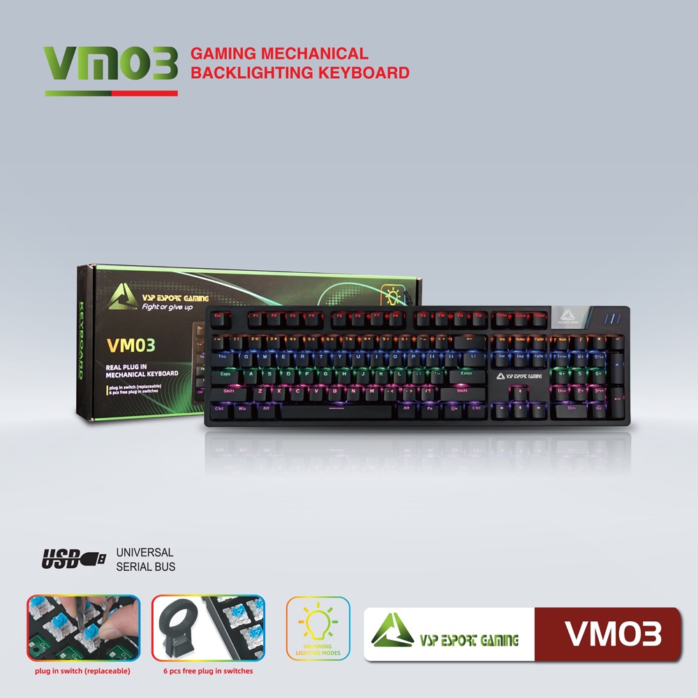 Bàn phím Cơ Gaming VSP Esport VM03 - 21 chế độ Led, Anti Ghost nhiều phím (Đen)