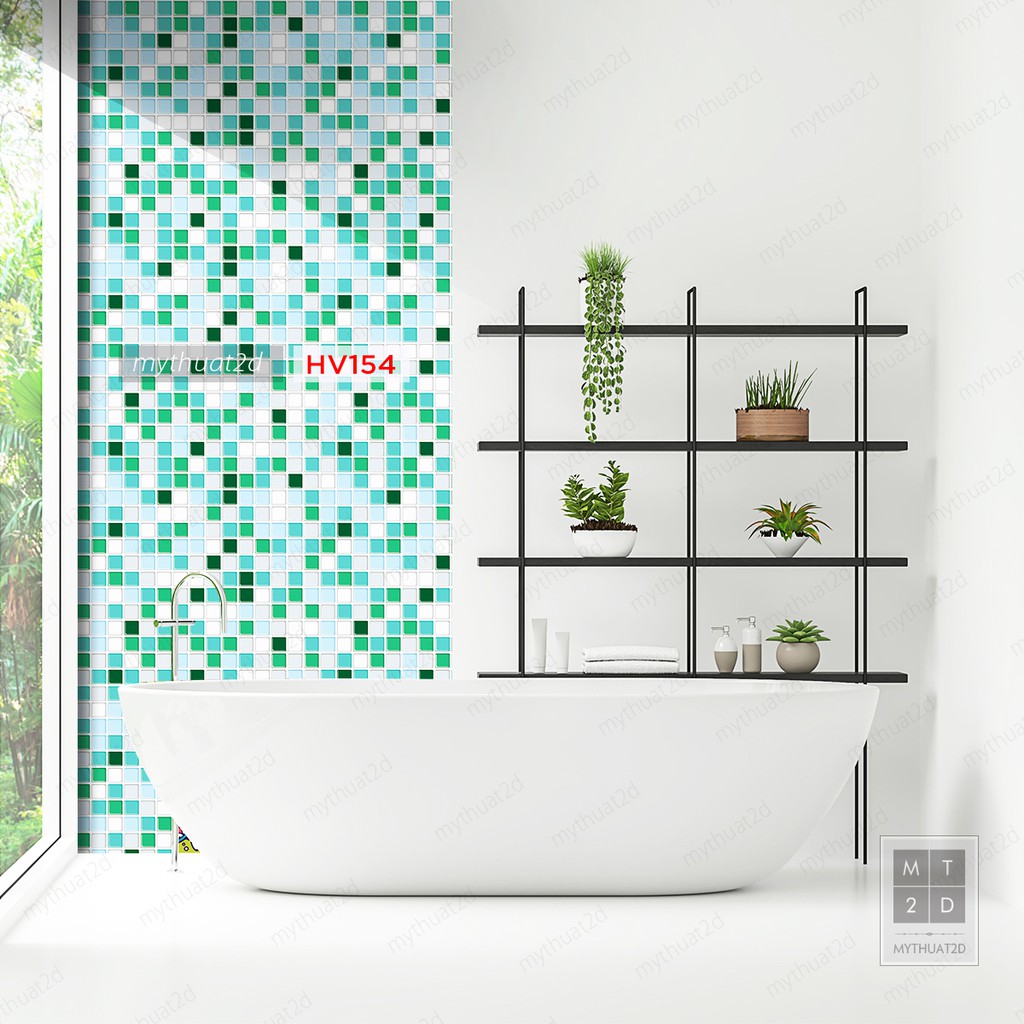 Cuộn 2 mét dài Decal gạch bông Mosaic màu xanh dán bếp dán tường, nhà tắm_kt 200x60cm