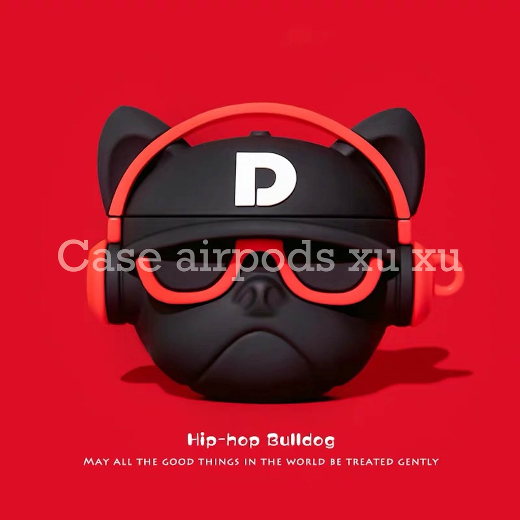 Ốp tai nghe Airpod 1/2, Airpods Pro bulldog mang headphone đỏ silicon in 3D sắc nét.