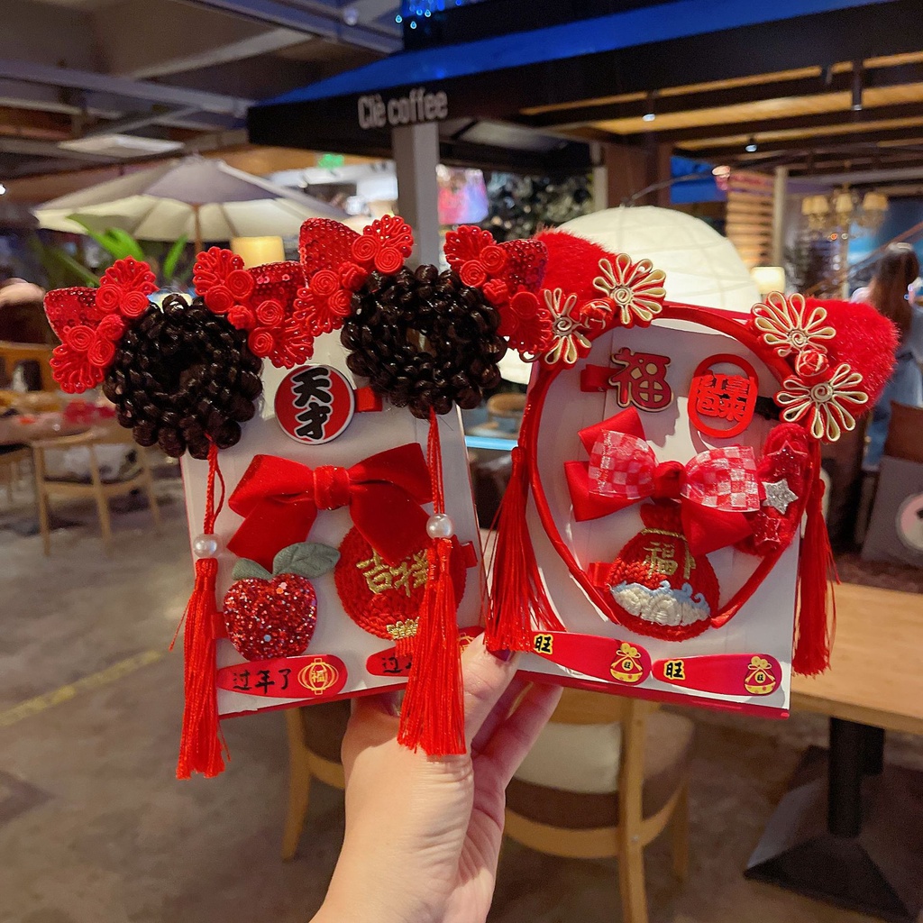 Phụ kiện cài tóc hình bướm đỏ phong cách Trung Hoa mừng năm mớ