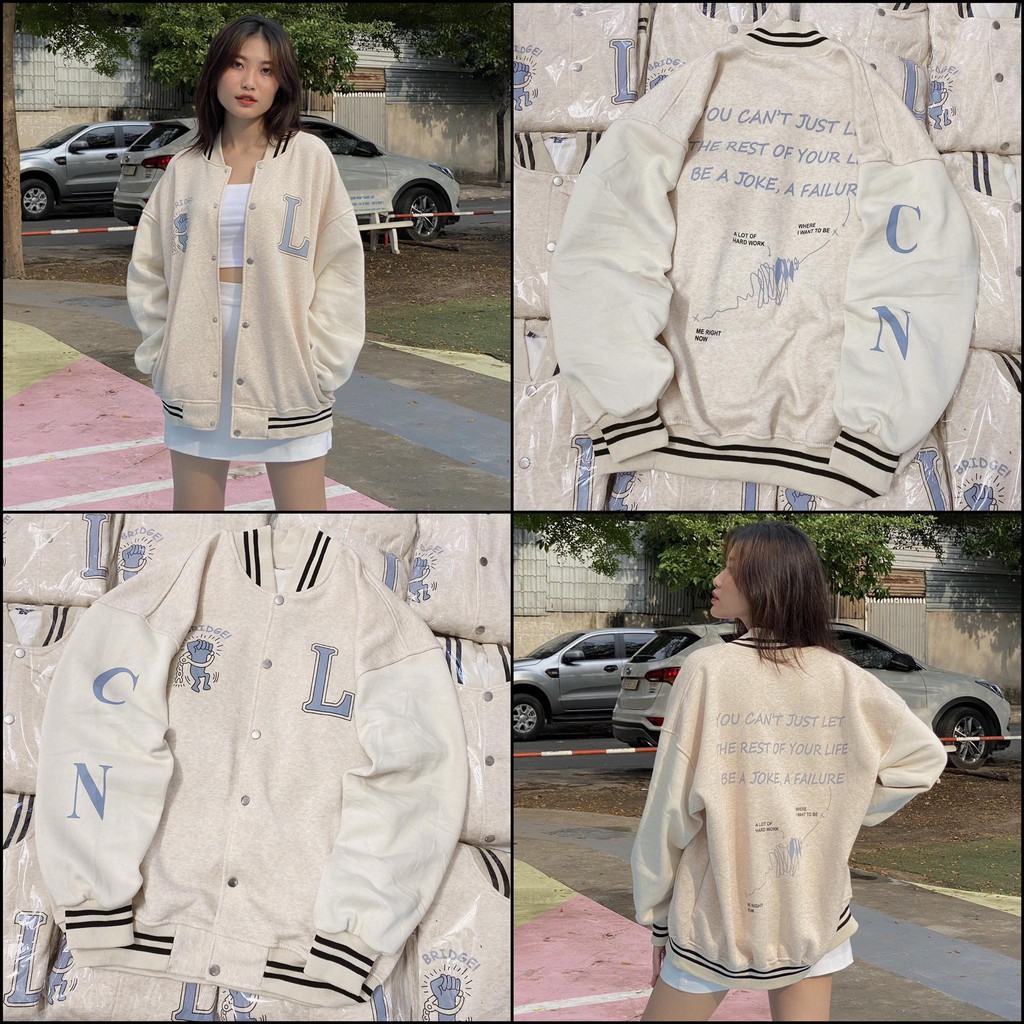 Áo Bomber nỉ màu kem nhạt in chữ L (hình thật) form unisex | WebRaoVat - webraovat.net.vn