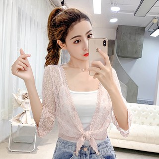 Áo Khoác Cardigan Ren Xuyên Thấu Tay Lỡ