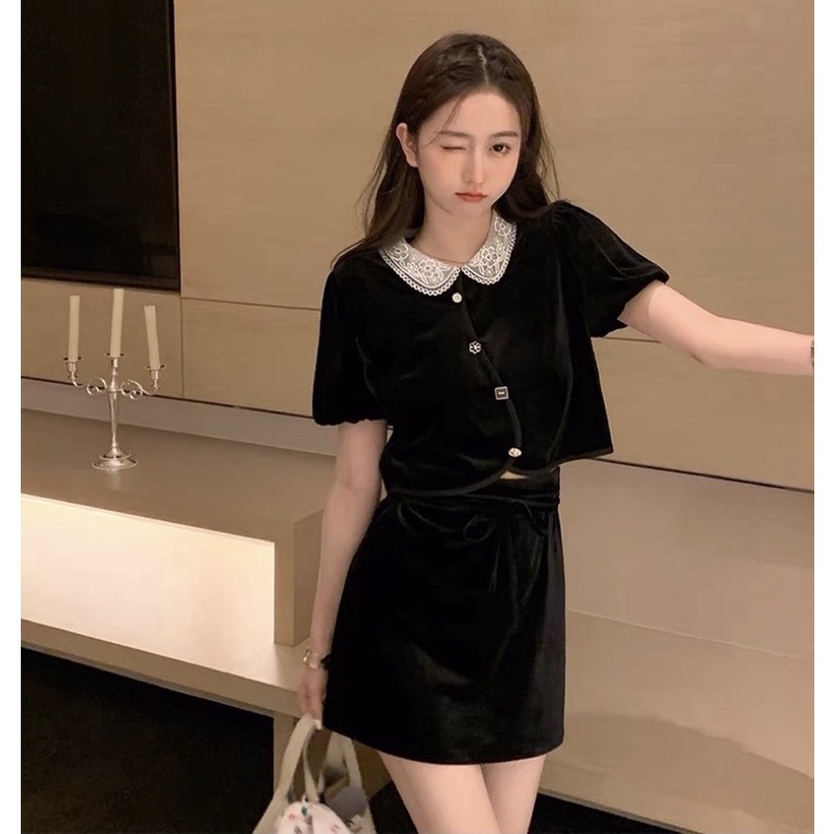 Set Nhung Cứng Cổ Sen Bèo, Chân Váy A (Hàng loại 1) Set Nhung Form Cứng Xinh