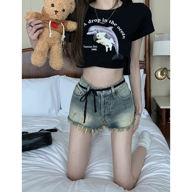 Cocory vn Quần Short Jean Lưng Cao Dáng Rộng Cột Dây Phối Tua Rua Màu Nhuộm Thời Trang Quyến Rũ Cho Nữ