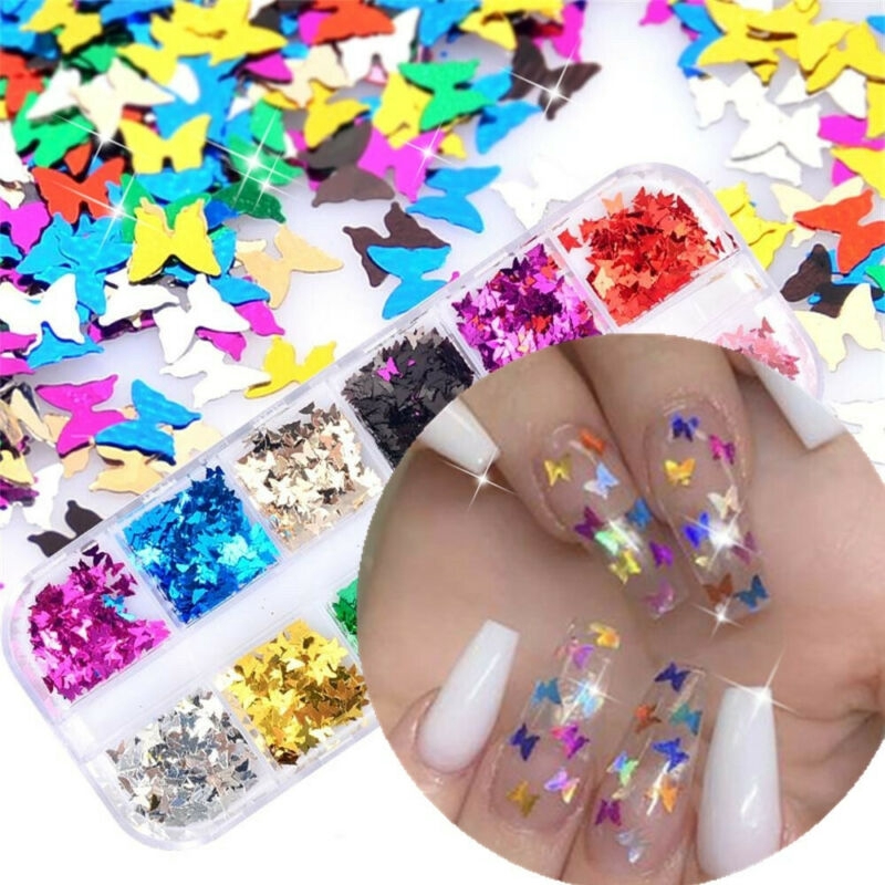 Set 12 hộp sequin hình bướm 3D dán móng tay nghệ thuật dễ thương