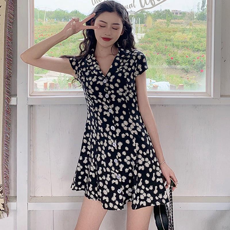 Đầm midi trễ vai họa tiết hoa cúc thời trang Hàn Quốc mùa hè