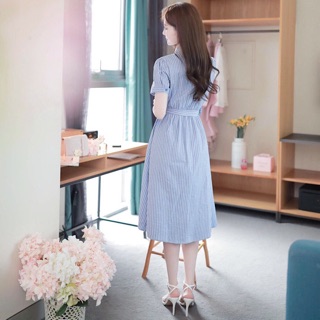 Đầm sơ mi sọc xanh thanh lịch, váy dạo phố xuongvnxk (kèm hình thật)