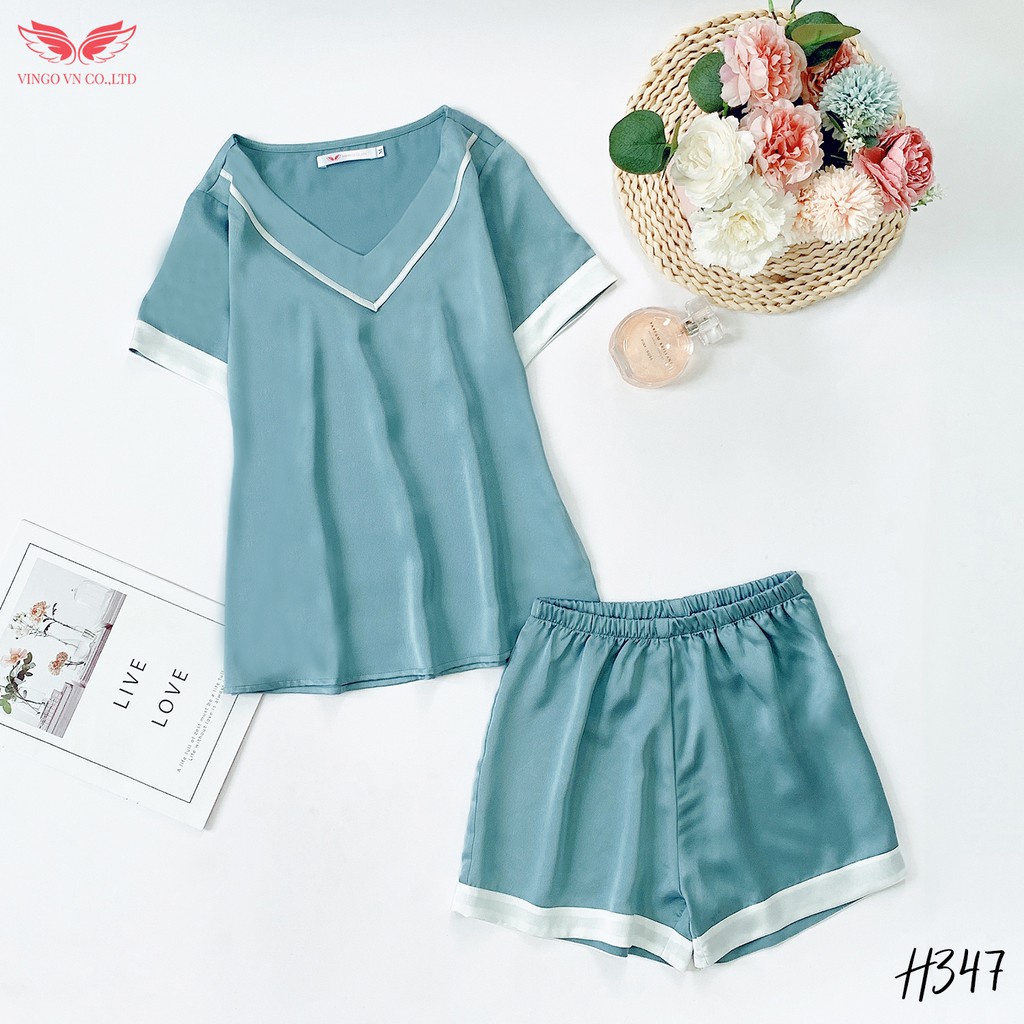 Bộ ngủ nữ Pyjama mặc nhà VINGO Lụa Hàn mềm mại áo ngắn tay cổ V và quần đùi phối viền trắng mùa Hè mát mẻ H347 VNGO