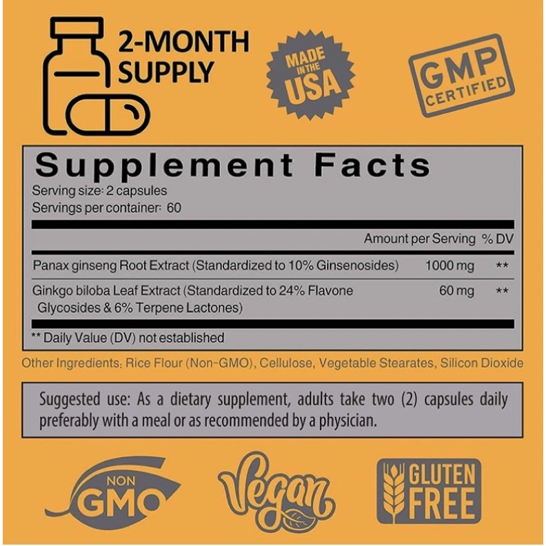 Viên uống sâm thuần chay hỗ trợ sức khoẻ năng miễn dịch Panax Ginseng + Ginkgo Biloba Noomost 120 viên USA
