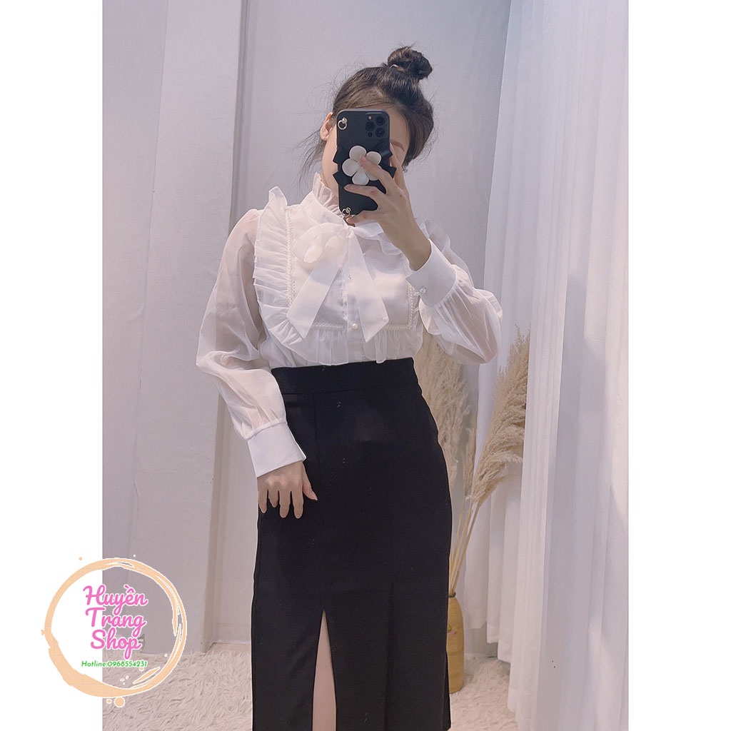 Áo sơ mi tơ mặt trước 2 lớp mặt sau 1 lớp + Chân váy xẻ | BigBuy360 - bigbuy360.vn