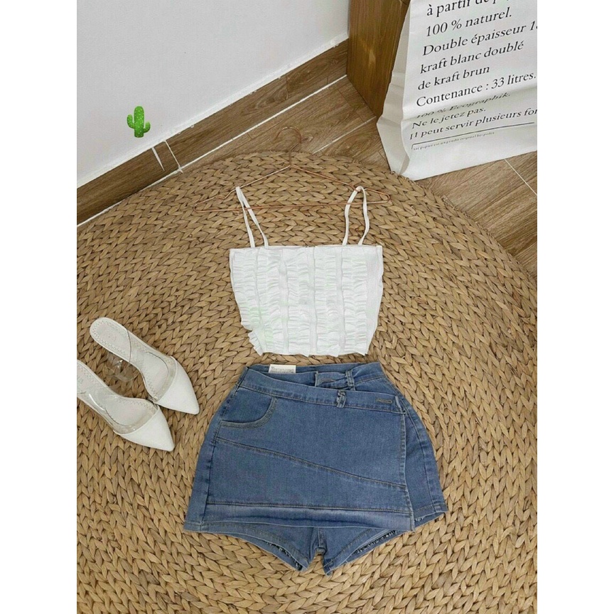Áo thun 2 dây gân bèo viền xinh dáng croptop
