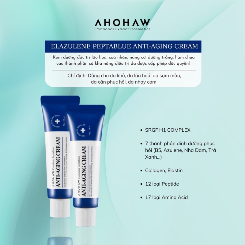 Kem dưỡng chống lão hóa,giãm nhăn, nâng cơ Ahohaw - ELAZULENE PEPTABLUE ANTI-AGING CREAM 50g