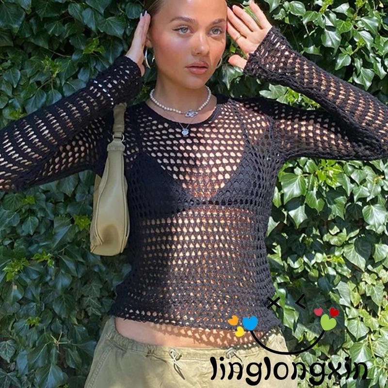 Áo Thun Tay Dài Cổ Tròn Hở Lưng Màu Trơn Dành Cho Nữ Linglongxi2 Size S/M/L