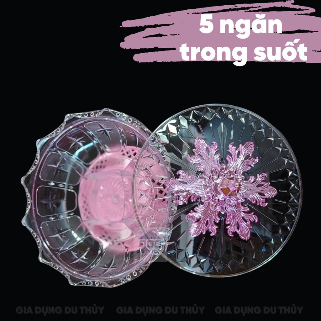 Hộp mứt nữ hoàng nhỏ nhựa arcylic cao cấp đế xoay tiện lợi, nhiều ngăn đựng, thiết kế hoạ tiết đẹp mắt đựng bánh mứt tết