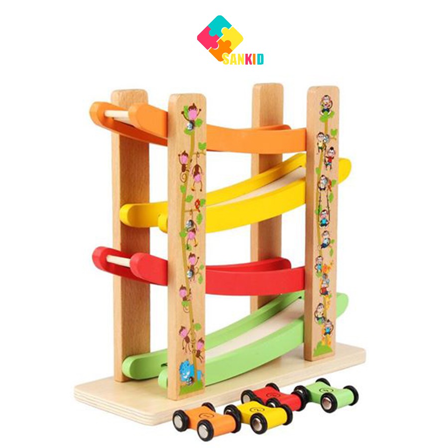 Cầu trượt ô tô 4 tầng, vách xe rượt đuổi cho bé