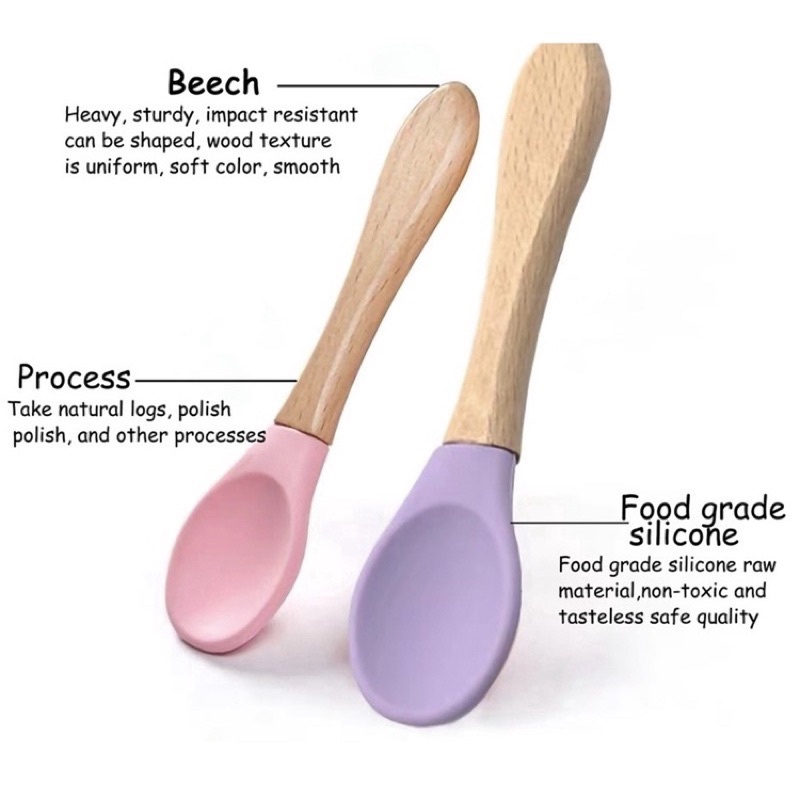 Thìa ăn dặm silicon cán gỗ cho bé, muỗng silicon