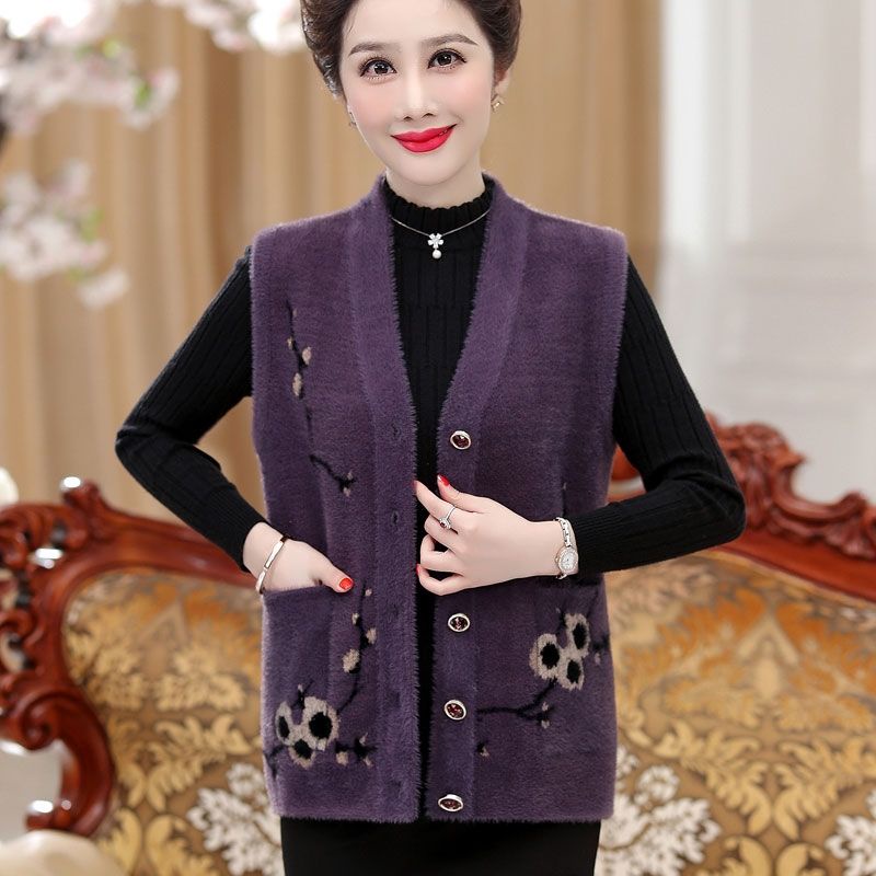 Phụ nữ trung niên và người già áo vest mùa xuân thu mẹ mặc ghi lê bà khoác nhung lông chồn giả đông