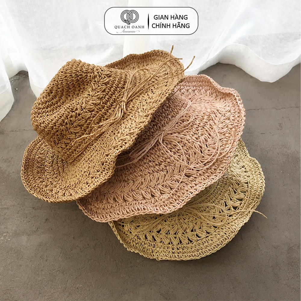 Mũ nón cói QO ACCESSORIES vành rộng dây nơ kiểu đan độc đáo đi biển mùa hè MU41