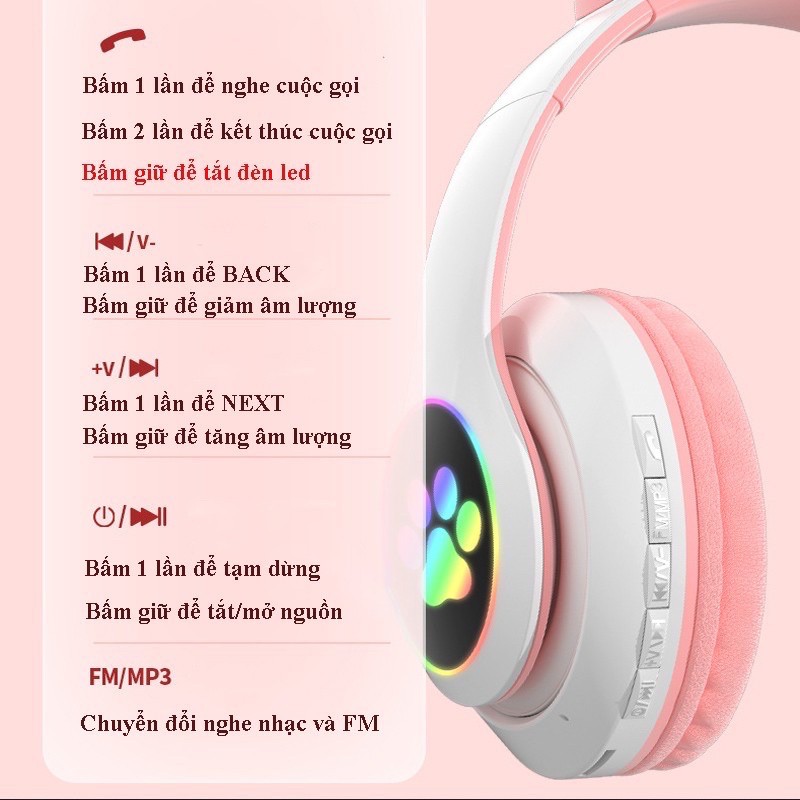 Tai Nghe Tai Mèo Bluetooth Không Dây Có Micro, Tai Nghe Bluetooth Mèo Dễ Thương Âm Bass Mạnh Mẽ Pin Trâu