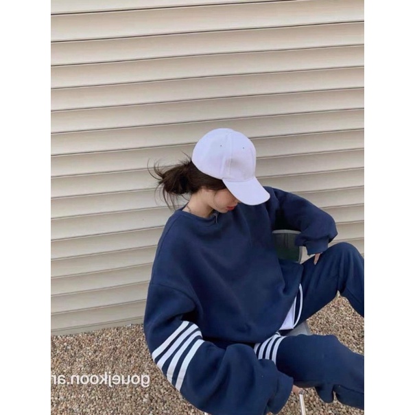 Bộ Nỉ Kẻ Vạch Ngang Nữ [FREESHIP]  Set quần bo gấu kèm áo sweater thể thao kiểu dáng hoodie cá tính Ulzzang