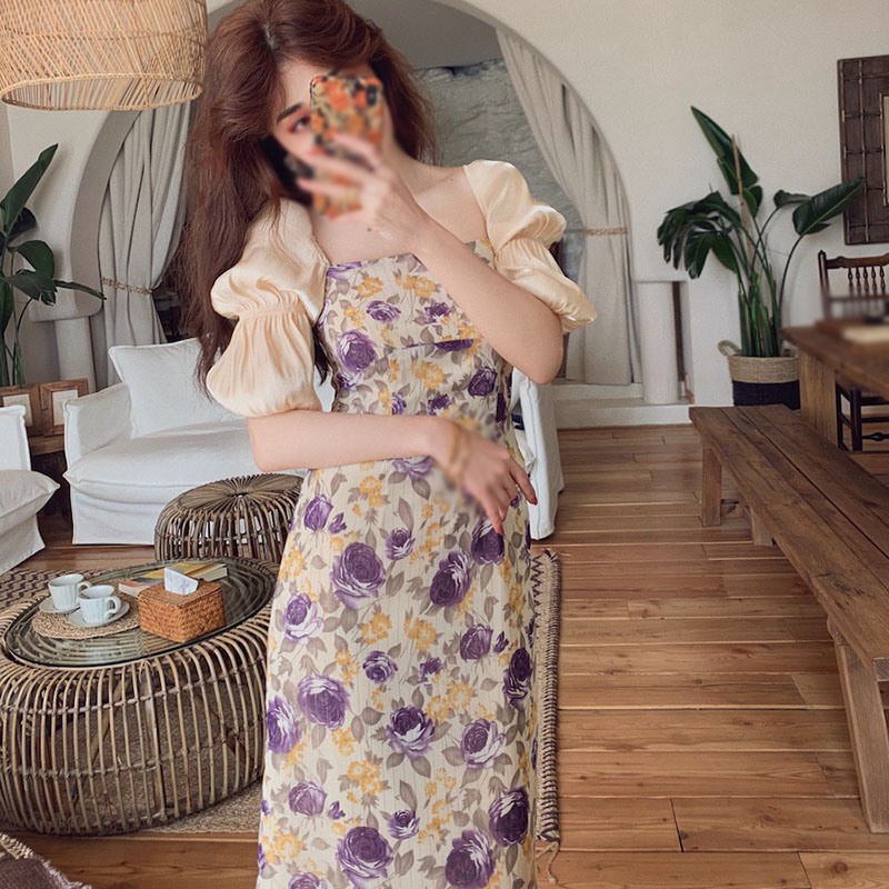 Đầm Midi Cổ Chữ U Hoạ Tiết Hoa Phong Cách Retro Thời Trang