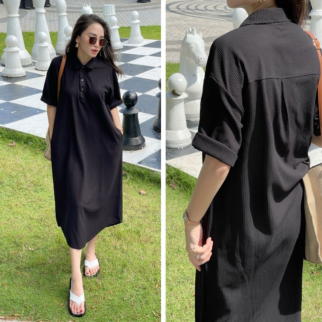 Váy cotton cao cấp, Đầm phom suông dài che khuyết điểm, có túi 2 bên Macs MINI POLO