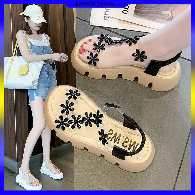 Giày Sandal Đế Dày Tăng Chiều Cao Trong Suốt Đính Hoa Thời Trang Đi Biển Mùa Hè