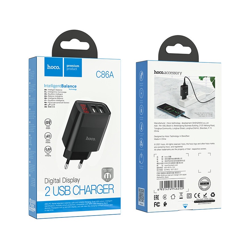 Sạc nhanh HOCO C86A 12W 5V2 4A cổng kép màn hình LED hiển thị kỹ thuật số cho Xiaomi