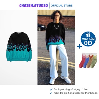 Áo sweater họa tiết lửa xanh chất len cao cấp phong cách unisex Chaien Studio
