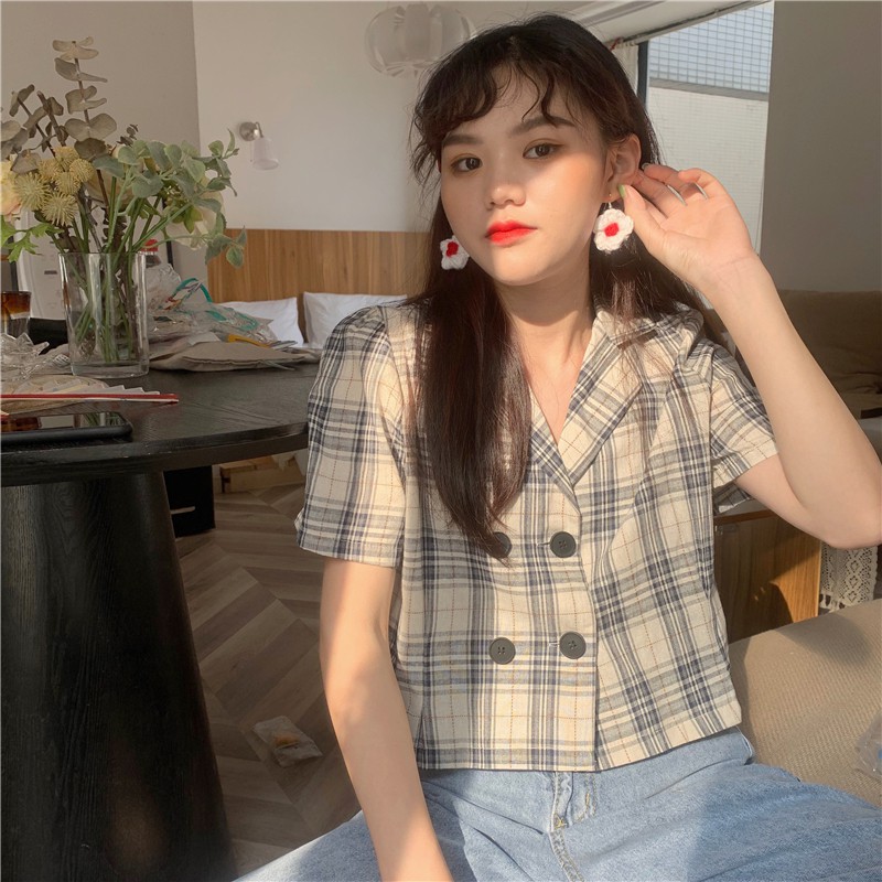 Xiaozhainv Áo sơ mi nữ tay ngắn họa tiết caro theo phong cách Hàn Quốc | BigBuy360 - bigbuy360.vn