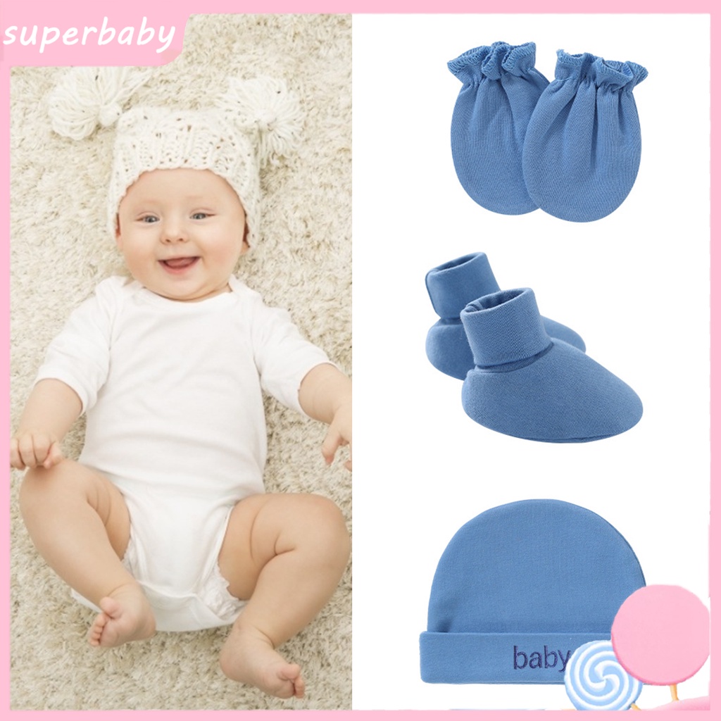 1 bộ mũ + găng tay + vỏ bọc chân + nón bằng cotton màu trơn chống bong bóng cho bé sơ sinh