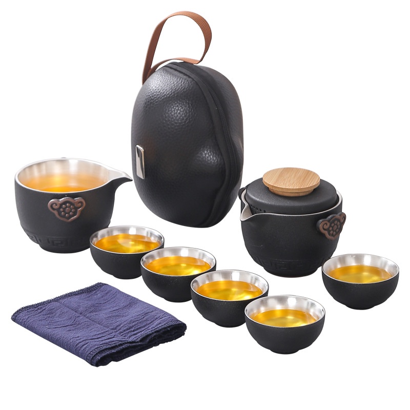 Bộ tách trà bằng gốm nung ONGTRE cầm tay túi da phù hợp mang đi làm, du lịch