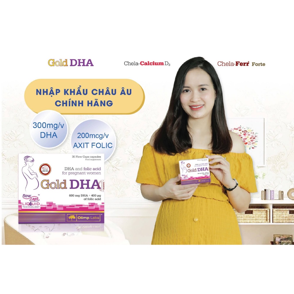 Chela Gold DHA cho bà bầu - Bổ Sung DHA và Axit Folic Cho bà bầu và phụ nữ sau sinh, Từ Dầu cá - Hộp 30 Viên