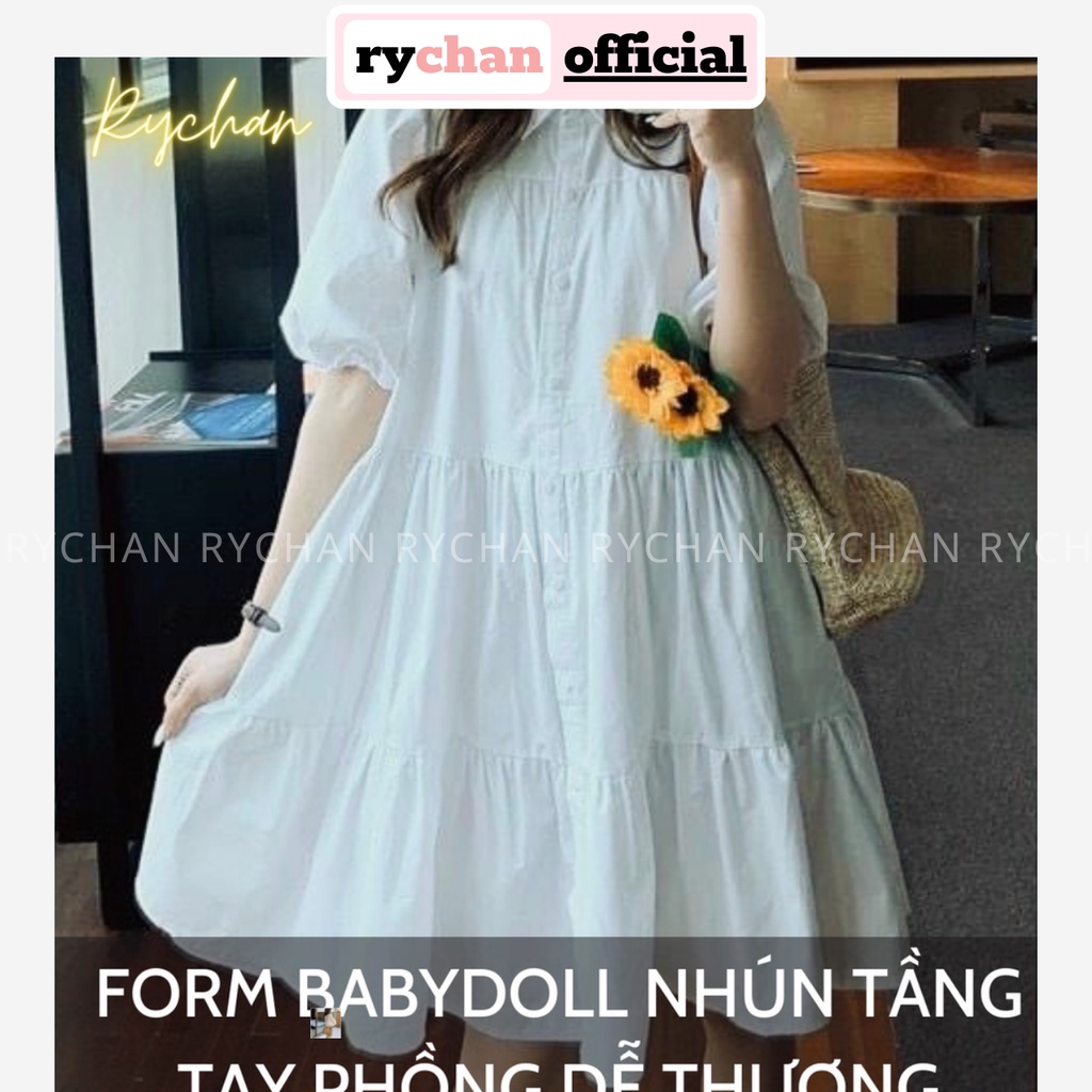 Đầm Xoè Babydoll Trắng Sơ Mi Nhún Tầng Đáng Yêu - DX0055