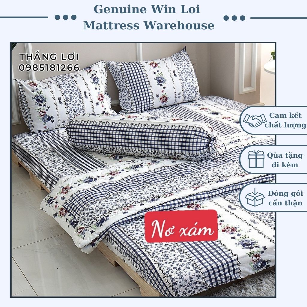 Drap Cotton Thắng lợi 100% chính hãng Mẫu Nơ xám (4 món) [không bao gồm chăn (mền) vệ sinh dễ dàng bằng tay và máy