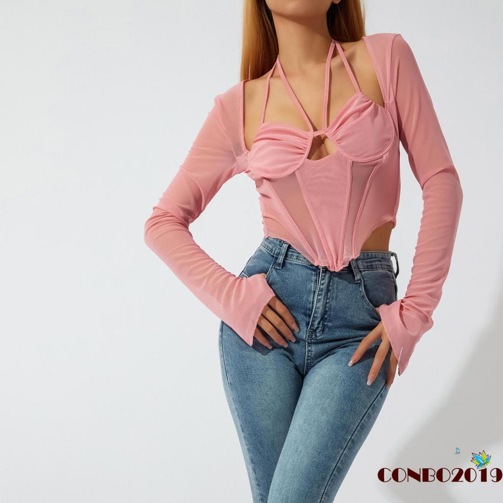 Áo Croptop Tay Dài Phối Lưới Cổ Khoét Sâu Nhiều Dây Màu Sắc Thời Trang Quyến Rũ Cho Nữ