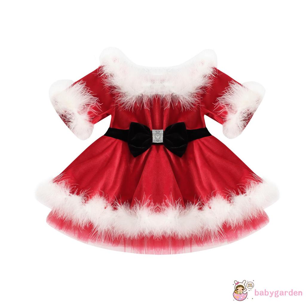 Đầm Tay Dài Phồng Hở Vai Màu Đỏ Giáng Sinh Dành Cho Bé Gái 1 Đến 7 Tuổi